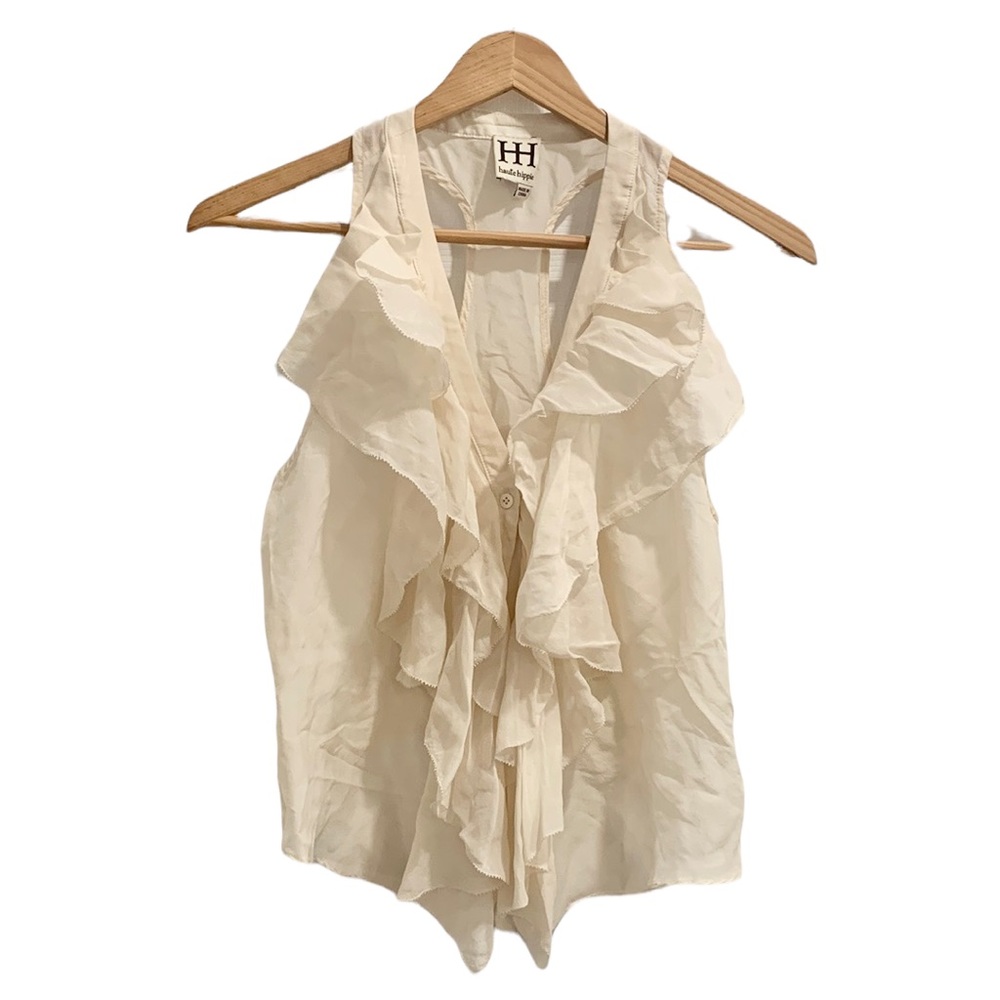 Haute Hippie 100% Silk Ruffle Front Nude Sleeveless Top